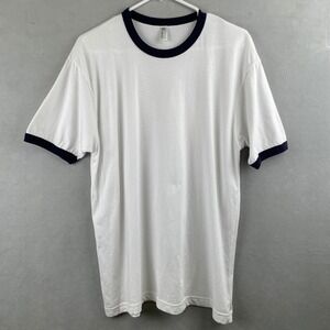 American Apparel White Ringer T Shirt S/S Navy Trim Hipster Mens L USA Made Rare
